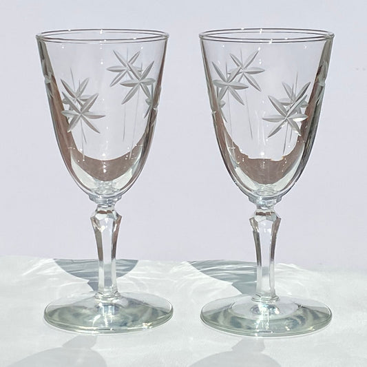 Etched-Starburst-snowflake-stemmed-bar-cordial-glasses, set of 2, front image, shop-www.ebargainsanddeals.com