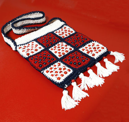 Walborg-Red,-White-Navy-Blue-Beaded-Macrame-Shoulder-Bag-Laying-Flat.