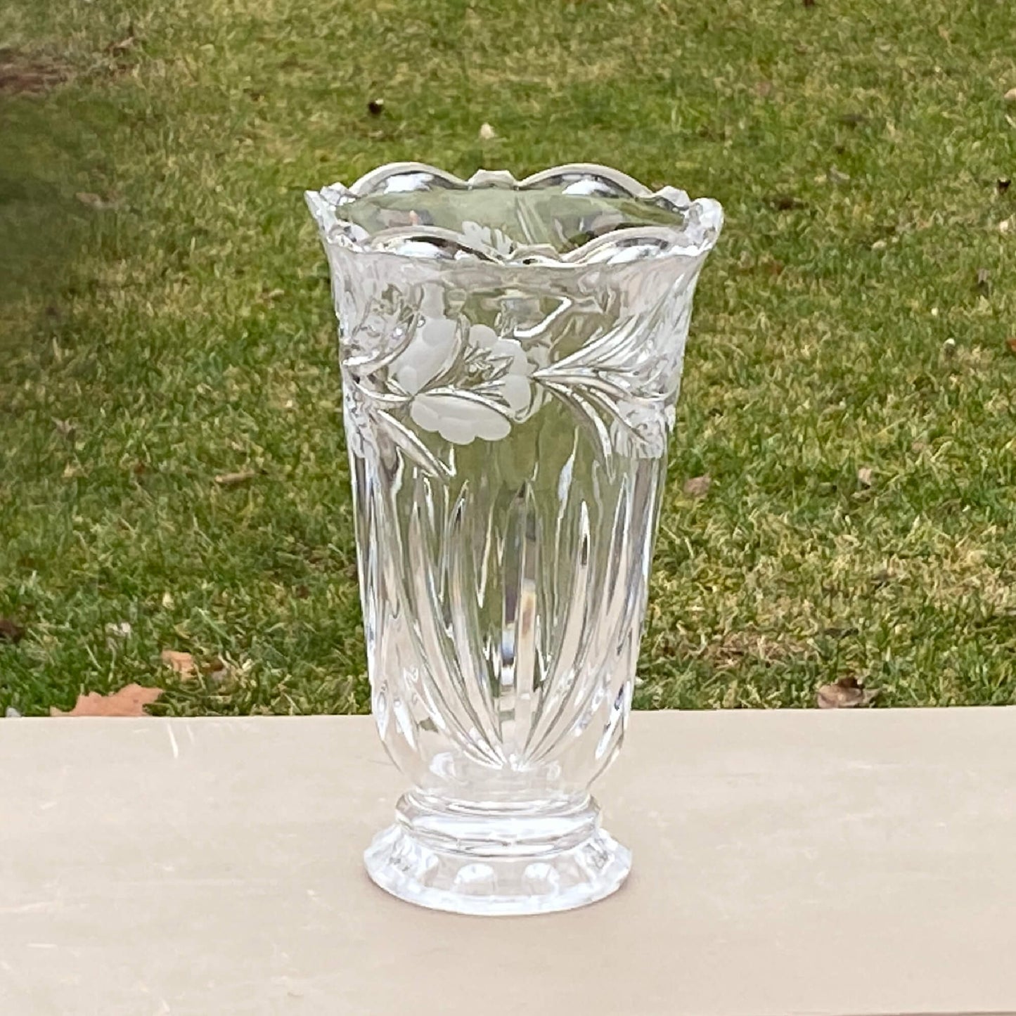 Hand-Cut Floral Lead Crystal Vase from Poland 9.5 in. Vintage