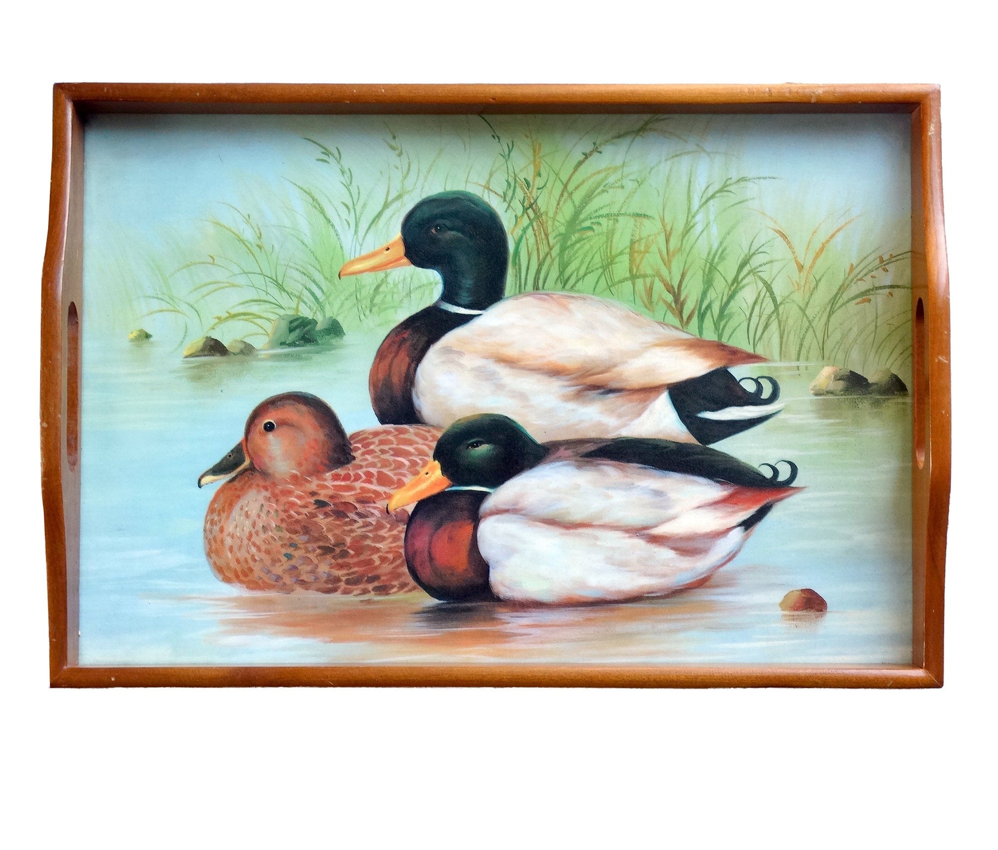 Vintage Rectangular Hand-Painted Wooden Duck Serving Tray Platter with handles. Fisherman, Hunter, Cabin Decor Duck Tray, Ducks, Geese - PawPurrPrints.com