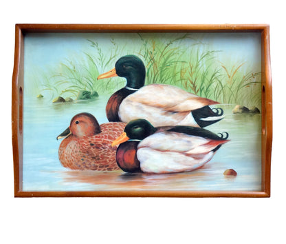 Vintage Rectangular Hand-Painted Wooden Duck Serving Tray Platter with handles. Fisherman, Hunter, Cabin Decor Duck Tray, Ducks, Geese - PawPurrPrints.com