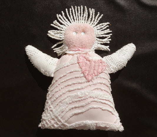 Vintage Girl's Handmade Pink Cloth Doll Pillow with Big Chest Heart - PawPurrPrints.com