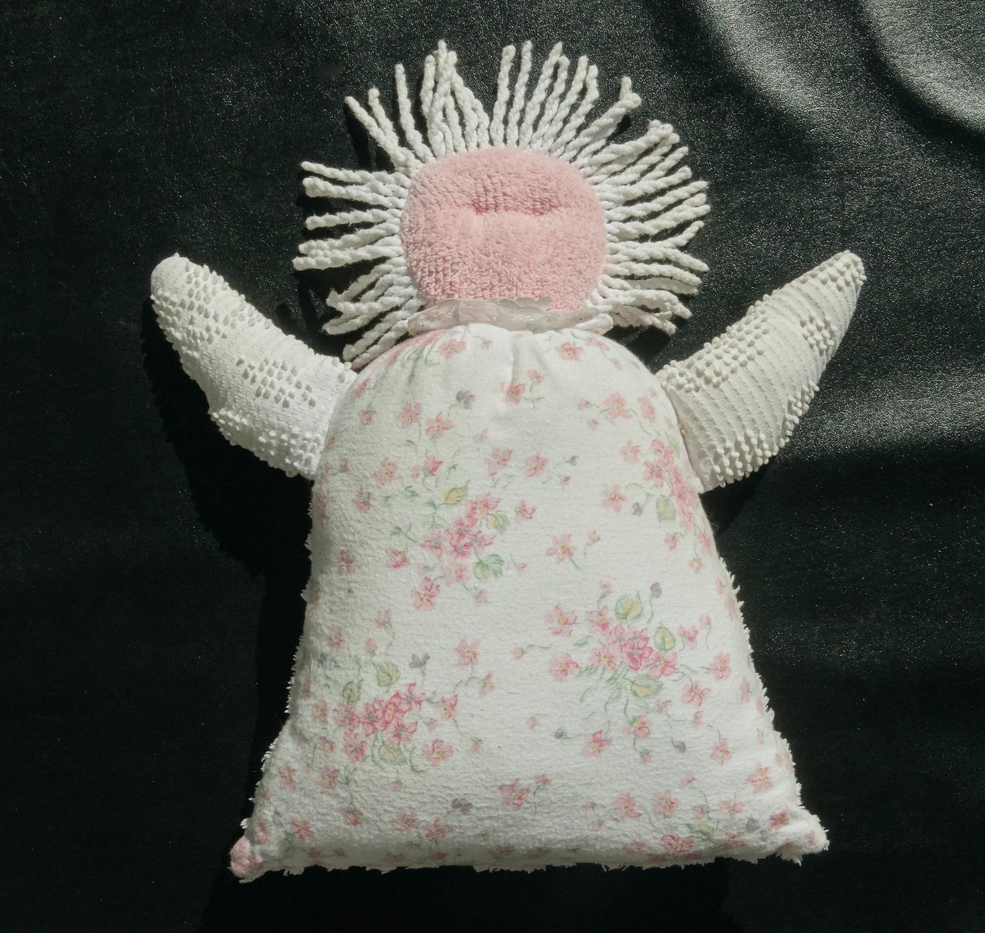 Vintage Girl's Handmade Pink Cloth Doll Pillow with Big Chest Heart - PawPurrPrints.com