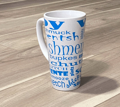 Yiddish words coffee mug, blue and white. Tall. Shop-eBargainsanddeals.com