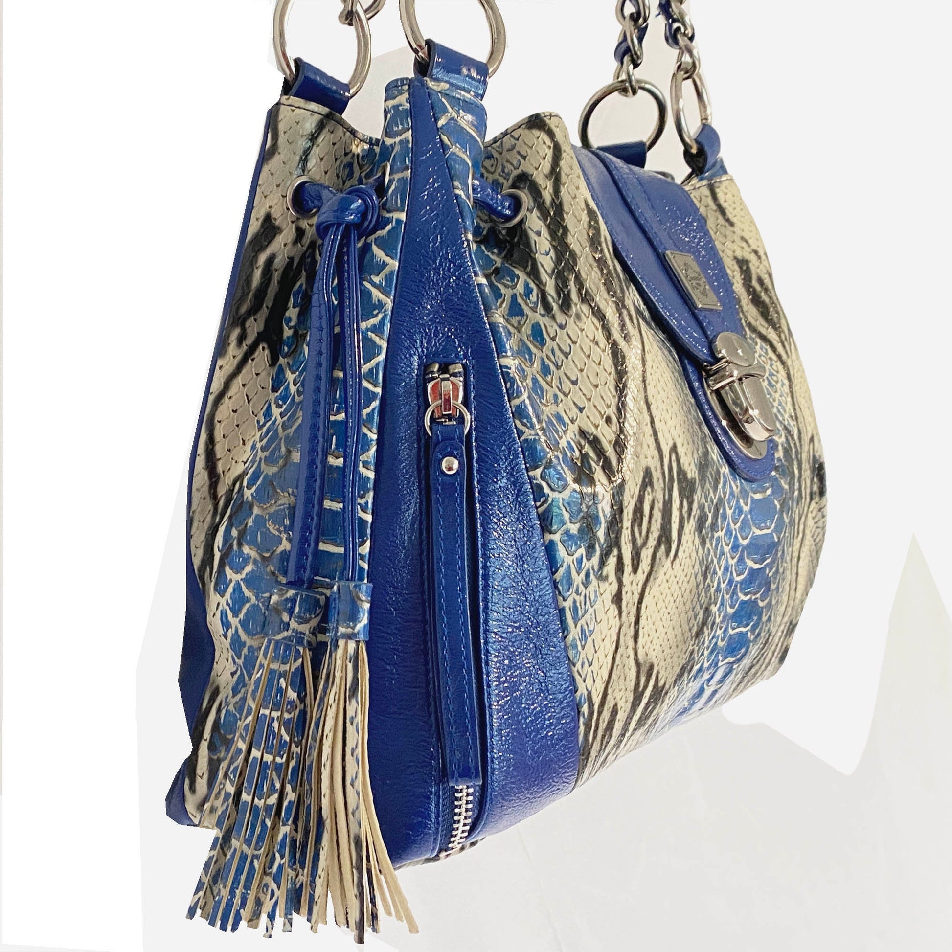 Sharif 1827 Cobalt Blue Snakeskin Leather Satchel Bag. Side view with fringe