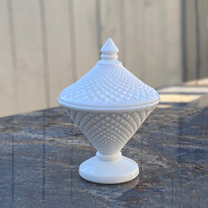 Westmoreland white hobnail cone shaped covered bowl.